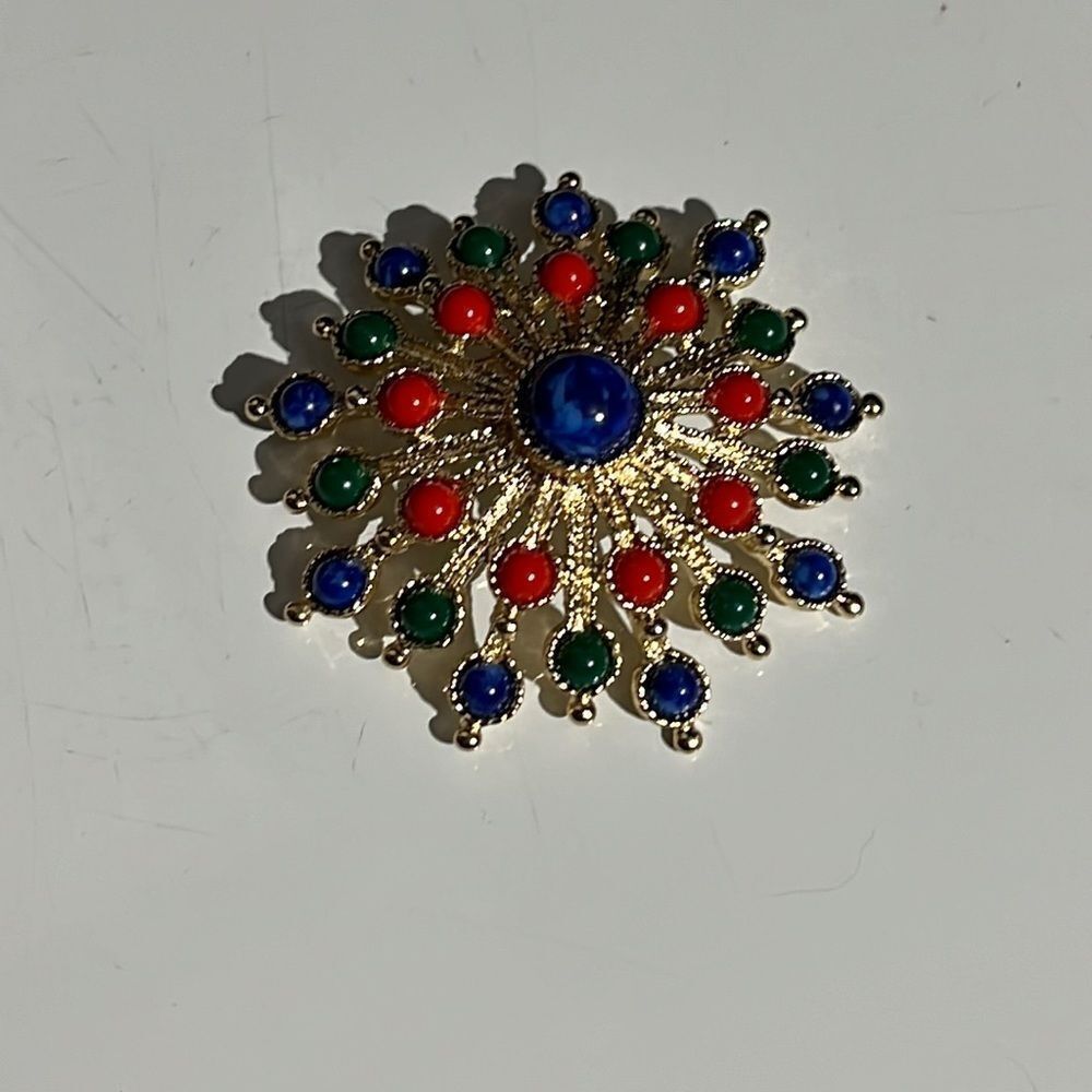 Vintage Gold Tone Sarah Coventry Brooch with Blue, Green, and Red Decoration